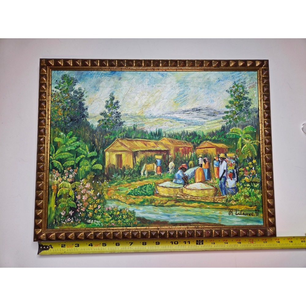 Haitian Village Scene Original Oil Hand Painted Framed 12x16 A. Lalanne 1998